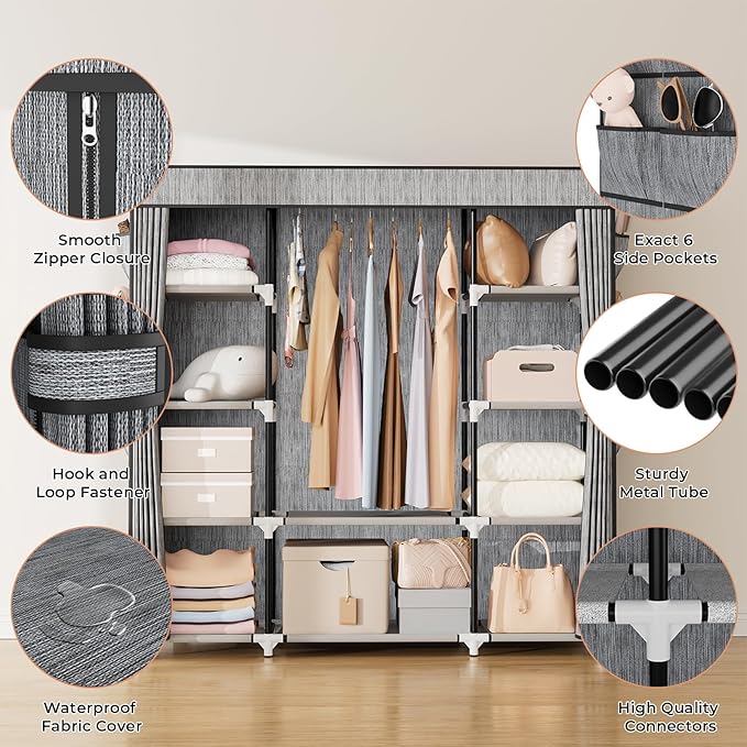 VTRIN Portable Closet Wardrobe for Hanging Clothes 57.3 Inch Large Capacity Clothes Rack with Cover, 10 Storage Organizer She