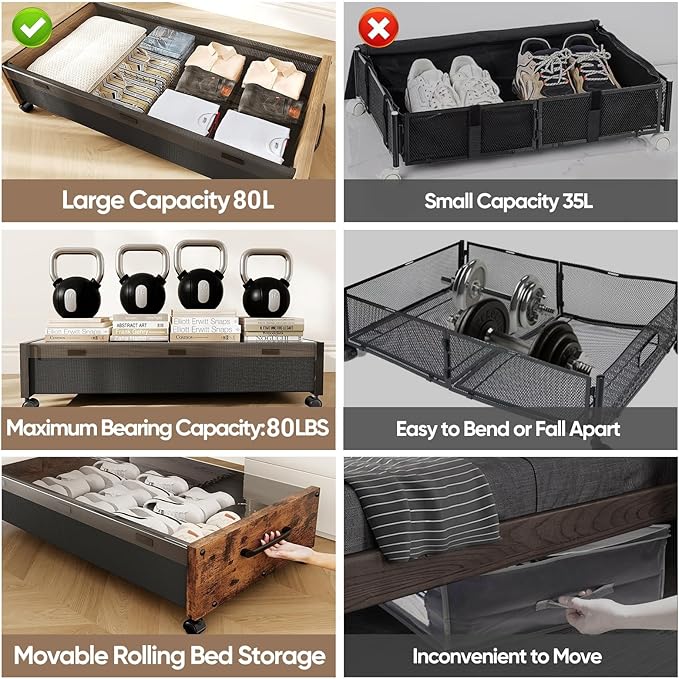 Under Bed Storage Containers with Wheels, Extra Large Wooden Underbed Shoes Organizer 2 Packs, Rolling Under the Bed Storage 