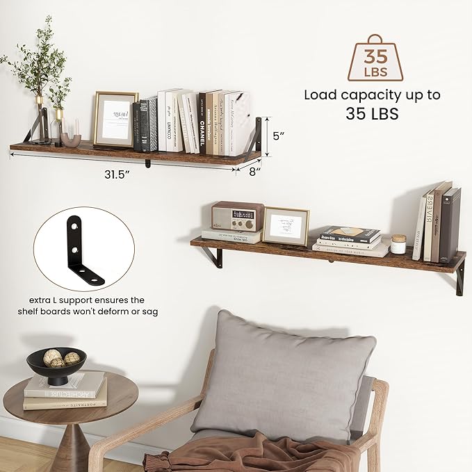 Axeman 32 Inch Floating Shelves | 8 Inch Deep Brown Wood Wall Shelves Set of 2 | 31.5" W x 8" D Rustic Brown Floating Shelves
