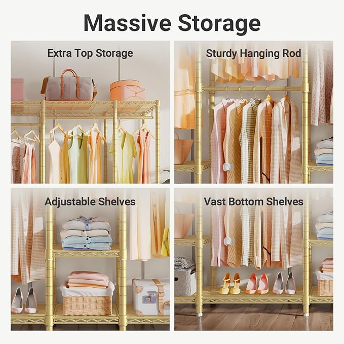 VIPEK V50 Gold Closet Rack, Extra Large Elegant Heavy-Duty Freestanding Wardrobe with Adjustable Shelves for Bedroom, Dressin