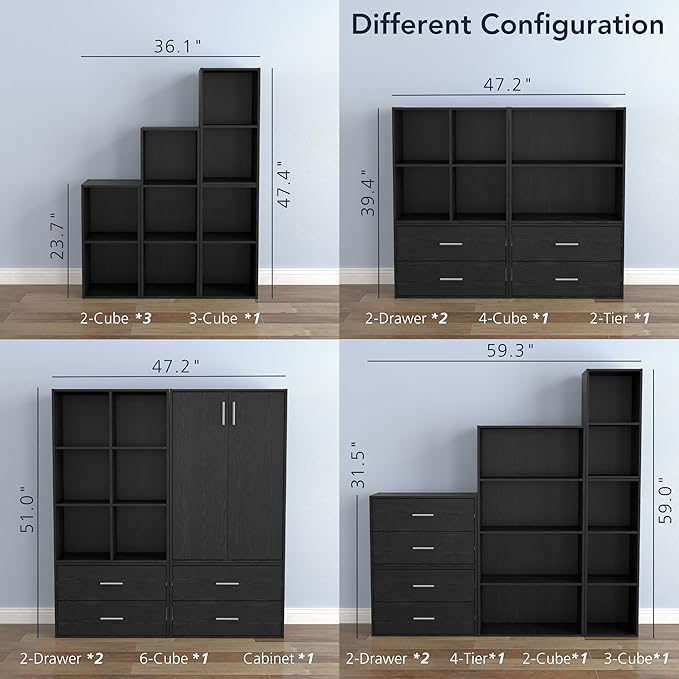 Homes: Inside + Out Apexa 3-Cube Storage Organizer Shelves, Stackable Wood Bookcase Fits Cubby Bins for Organization, Dorm Te