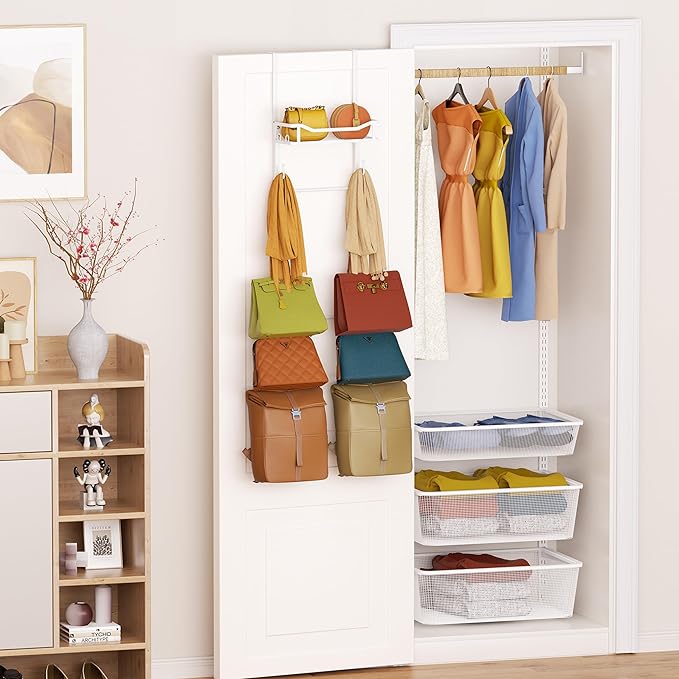 SWTYMIKI Over The Door Purse Organizer - Wall Mounted Purse Rack with 10 Hooks and Metal Basket, Handbag Hanger Organizer Hol