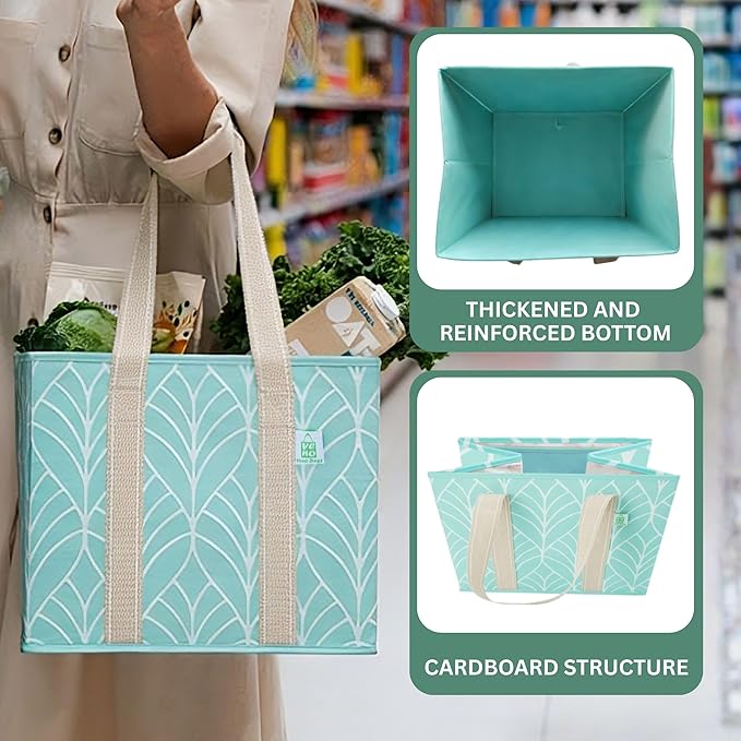 VENO 3 Pack Reusable Grocery Bags, Shopping Bags for Groceries, Tote with Handles and Hard Bottom, Foldable Shopping Cart Organizer, Water Resistant, Heavy-Duty (Evergreen, 6 Gallon)