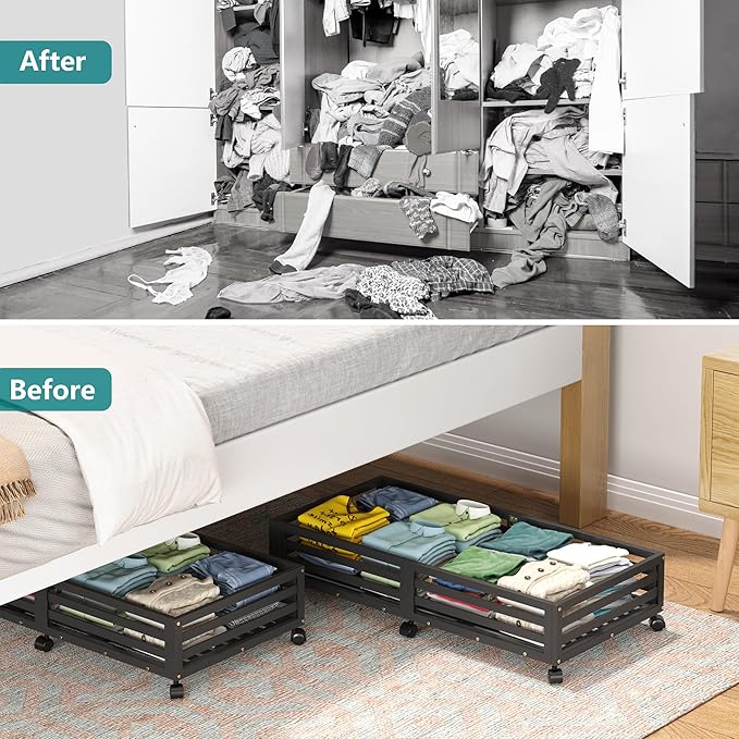 Wisuce Bamboo Under Bed Storage Containers- Underbed Organizer with Wheels with Large Dust Bag,Sturdy Wood Rolling Under the 