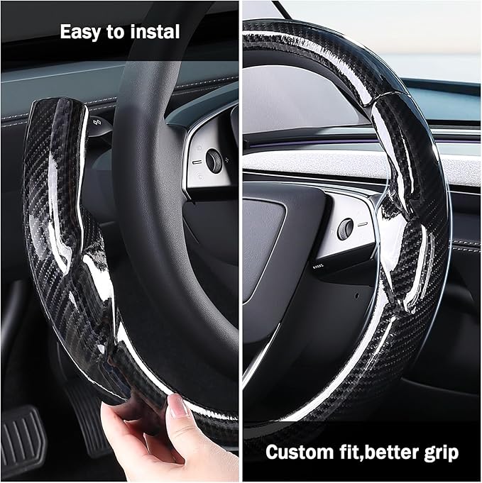 Steering Wheel Cover for Tesla Model 3 2024-Present Highland/Tesla Model Y Juniper 2025-Present, Carbon Fiber Steering Wheel Cover for Tesla Model 3 Highland/Y Juniper Accessories, Glossy Black
