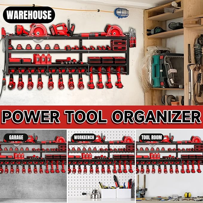 50" W Large Power Tool Organizer Wall Mount, Load 600lbs, 4 Layer Heavy Duty 12 Cordless Drills Holder, Battery Tool Storage 