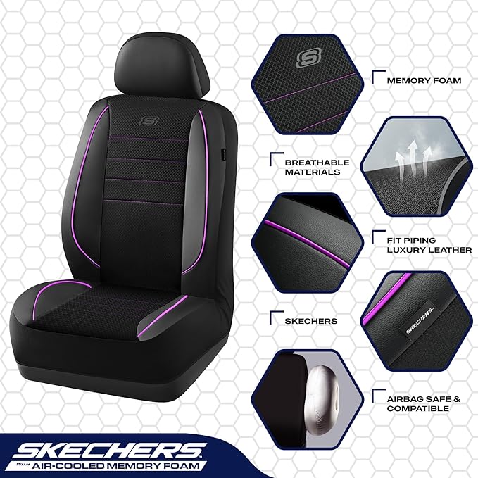 Skechers Air-Cooled Memory Foam Seat Covers,Mesh Thick Car Seat Covers,Piping Leather Car Seat Covers Front Seats,Airbag Comp