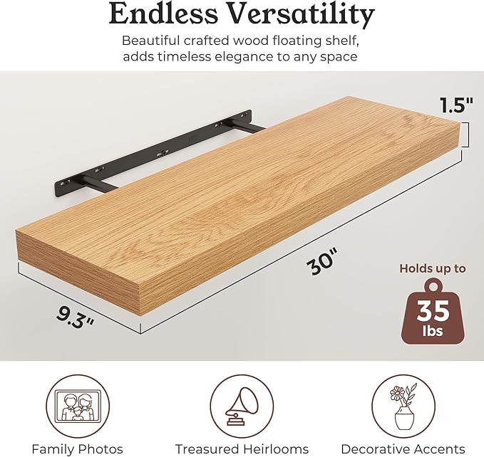 Floating Shelves for Wall, 9.3" Deep Wall Mounted Wood Shelves for Bathroom, Bedroom, Living Room, Kitchen, Hanging Shelf for