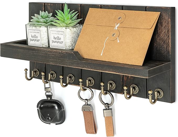 Rebee Vision Farmhouse Key Holder Wall Mount for Home Decor- Rustic Wooden Key Holder for Wall with Floating Shelf & 7 Sturdy