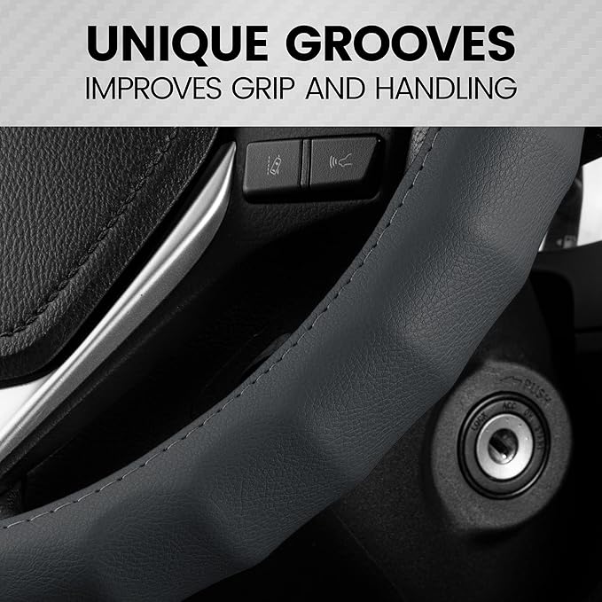 BDK Genuine Gray Leather Steering Wheel Cover for Car, Large 15.5-16 inch – Ergonomic Comfort Grip for Men & Women, Car Steer