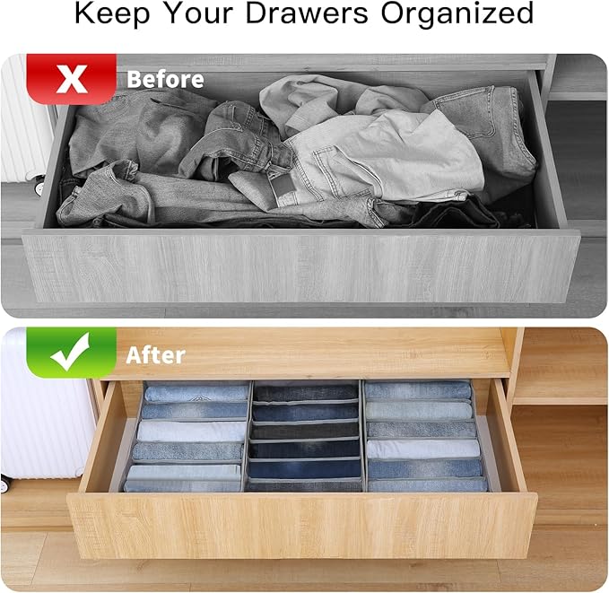 Qozary Jeans Pants Organizer for Closet, 4 Pack Drawer Organizers for Clothing, 6 Grids Wardrobe Clothes Organizer, Jean Orga