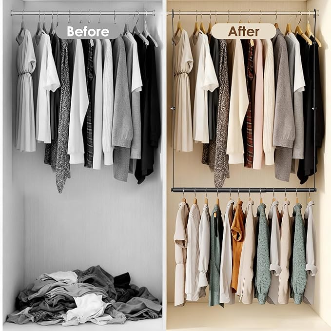 Closet Rod Extenders - Black Adjustable Closet Hanging Rod, Width & Height Expandable Clothes Rod, Space-Saving Closet Organi