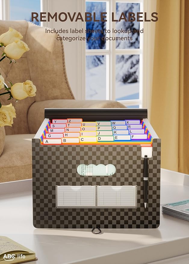 ABC life 26-Pocket Accordion File Organizer, High Capacity Expandable Monthly Bill & Receipt Holder with Colored A-Z Tabs, Po