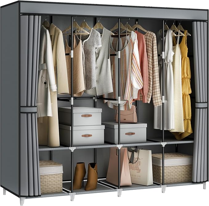 MOGELAFOO Portable Closet Wardrobe, 67-Inch Clothes Organizer with 4 Hanging Rods and 8 Shelves, Non-Woven Fabric Cover, Larg