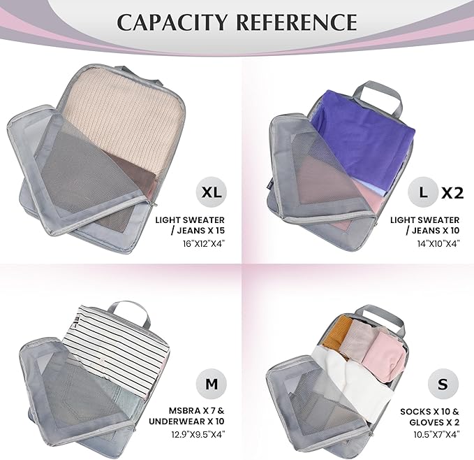 Ultralight Compression Packing Cubes for Suitcases Carry on，Compressible Mesh Packing Cubes for Travel Women Travel Essential