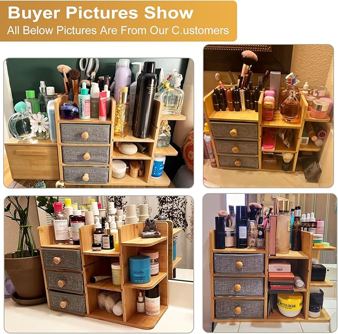 Large Makeup Organizer For Vanity, Large Capacity 3 Tiers Bamboo Bathroom Counter Organizers and Storage, Countertop Makeup B