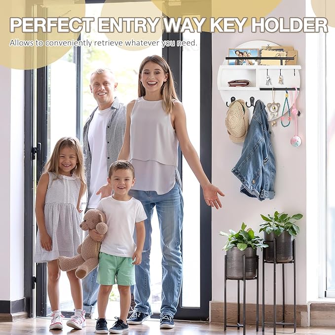 kuaima Key Holder Wall Mount, Round Wooden Key Rack with Shelf, Sunglasses Hanger, Storage Box, Multi Hooks, 12 Inch, White a