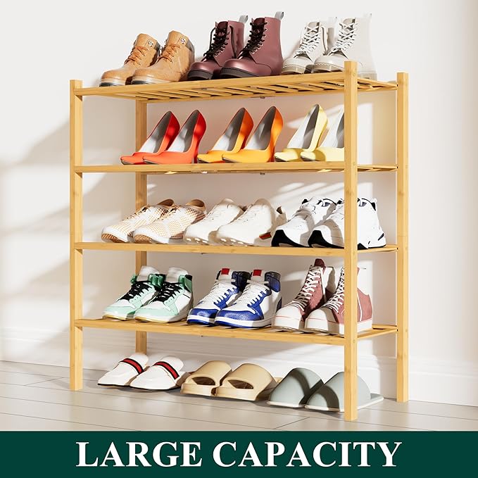 Smiry Shoe Rack, 4 Tier Bamboo Shoe Organizer, Stackable Free Standing Wooden Shoe Storage Shelf for Closet, Entryway, Front 