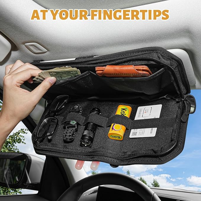 MAIKER 2 Packs Car Sun Visor Organizer, Car Organizer with Zipper Visor Organizer Storage Pouch, Glasses Clip, Card Holder, Molle Panel for Tactical Gears, for Most Vehicles, SUVs & Trucks