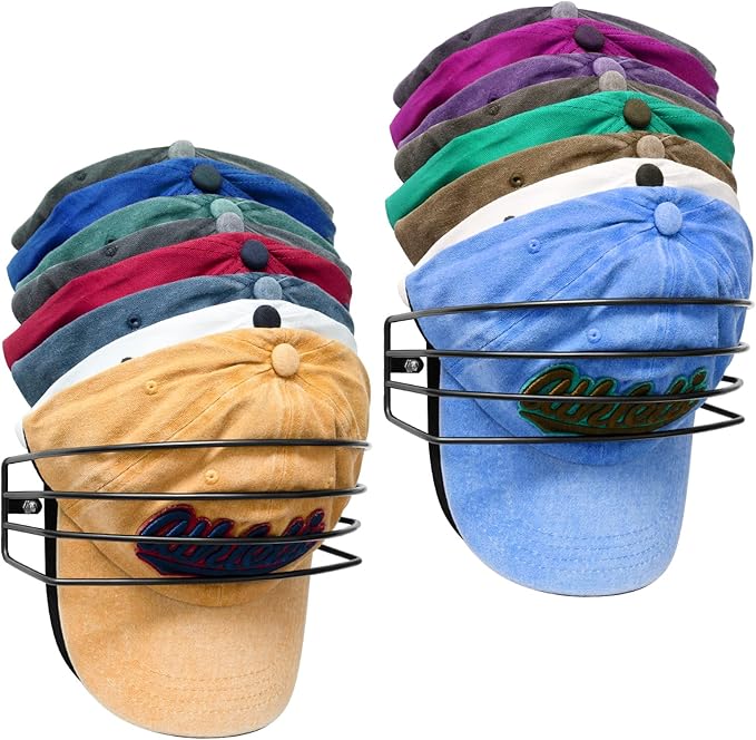 Fikoksol Hat Organizer for Baseball Caps, 2-Pack Black Metal Hat Rack for Wall Door, Adhesive/Wall Mounted Hat Storage Holder