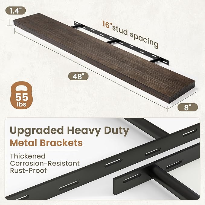 Fun Memories Solid Elm Wood Floating Shelves Set of 1-48 Inch Rustic Wall Shelves with Heavy-Duty Invisible Brackets - for Li