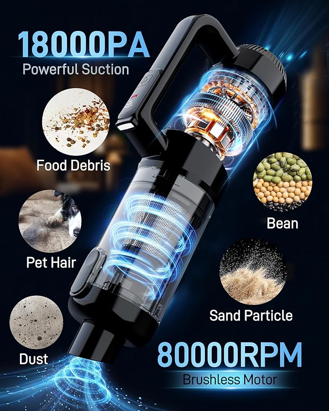 Handheld Vacuum Cordless, 18000PA Strong Suction Car Vacuum Cleaner Portable with Brushless Motor & LED Light, Hand Vacuum wi