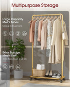 Sakugi Clothes Rack - Clothing Rack with Storage Mesh Shelf & Casters, Heavy-Duty Metal Clothing Rack for Hanging Clothes, Dr