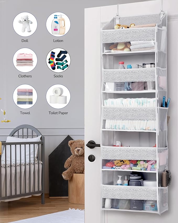 ULG 1 Pack Over Door Organizer with 5 Large Pockets 10 Mesh Side Pockets, Upgraded Linen Texture Over The Door Storage, 44 lb