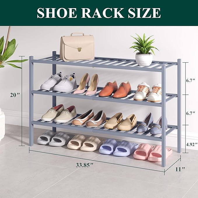 Smiry Bamboo Shoe Rack for Closet, 3 Tier Long Wooden Stackable Shoe Organizer, Free Standing Shoes Storage Shelf for Entrywa