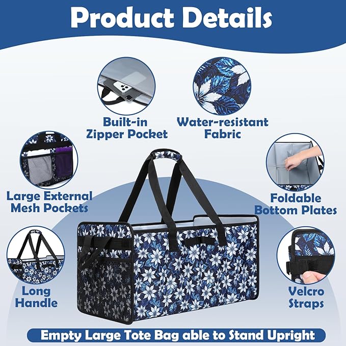 Muzale Extra Large Utility Tote Bag with Wire Frame Heavy Duty Grocery Bags Reusable Shopping Bags for Groceries with Handles Foldable XL Beach Bag for Travel Picnics Camping Car Trunk Organization
