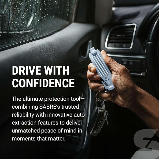 Sabre Safe Escape™ 3-in-1 Car Escape Tool for Car Safety with Spring-Loaded Window Breaker, No Swing Required, Seat Belt Cutt
