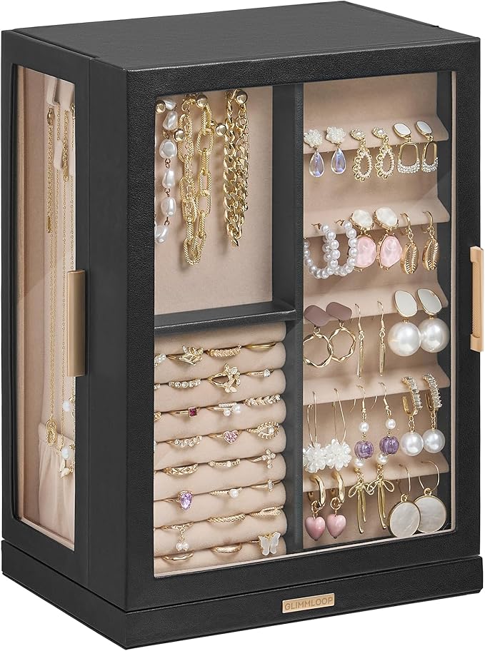 Glimmloop 360° Rotating Jewelry Box with 7 Drawers, Spacious Vertical Jewelry Organizer with Glass Window, Jewelry Storage Ca
