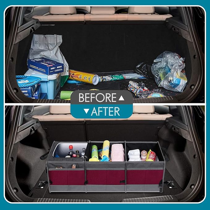 Trunk Organizer with Cooler, Collapsible Trunk Storage Container with Non Slip Bottom Strips, Large Multi-Compartment Waterproo