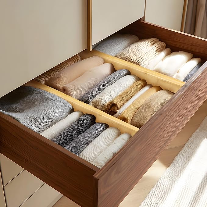 VaeFae 3 Pack Bamboo Drawer Dividers, 4" High Adjustable 16.6" - 21.8" Clothes Drawer Organizers, Expandable Separators for B