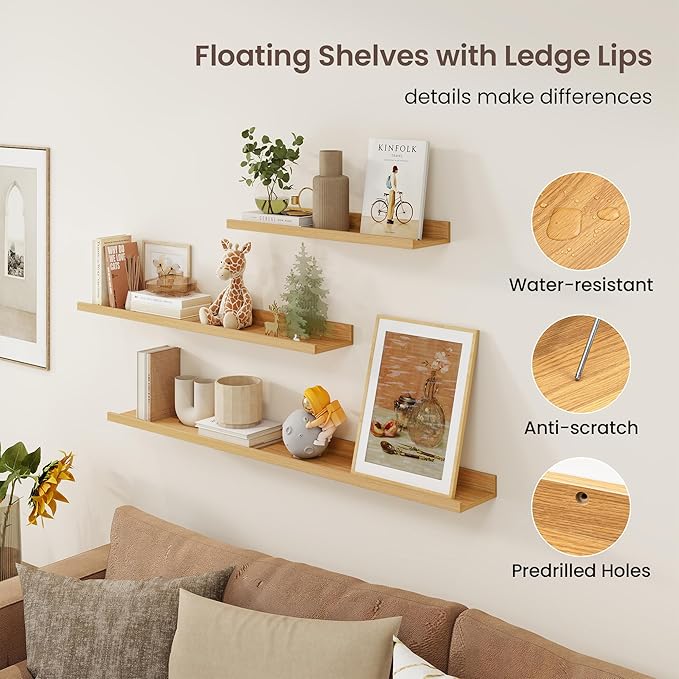 Axeman 30 Inch Floating Shelves | Oak Picture Ledge Shelf Set of 3 | Rustic Wood Wall Shelves with Lip | 30" Oak Picture Shel