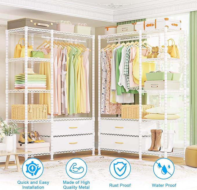 Ulif F3 Heavy Duty Clothes Rack（With Fabric Drawers）Freestanding Clothing Racks for Hanging Clothes，Adjustable Closet Organiz