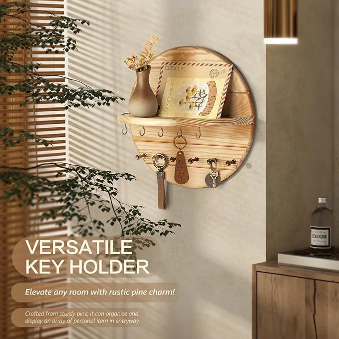 Rebee Vision Pine Wood Key Holder Wall Mount Decorative – Round Wooden Rustic Key Holder for Wall with 11 Hooks and Floating 