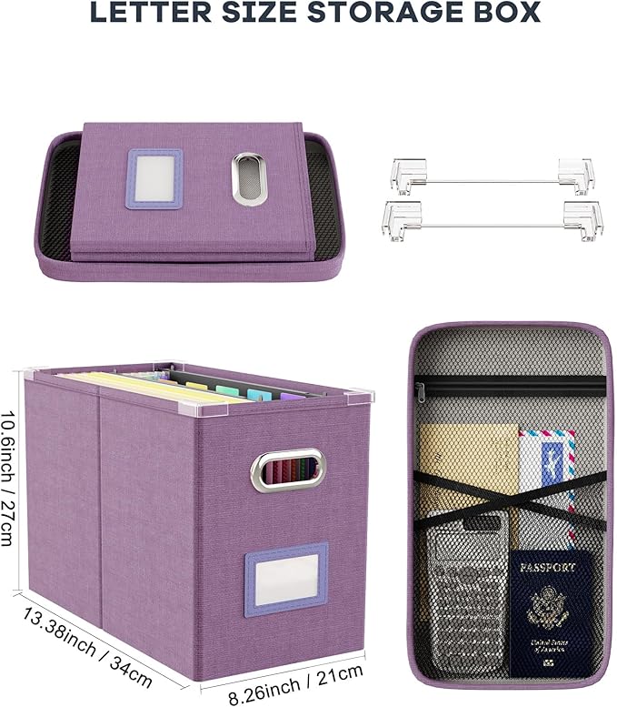 Oterri File Organizer with Lid, Hanging Filing Box with Mesh Pocket, Document Organizer for Letter Files, Portable Storage Bo