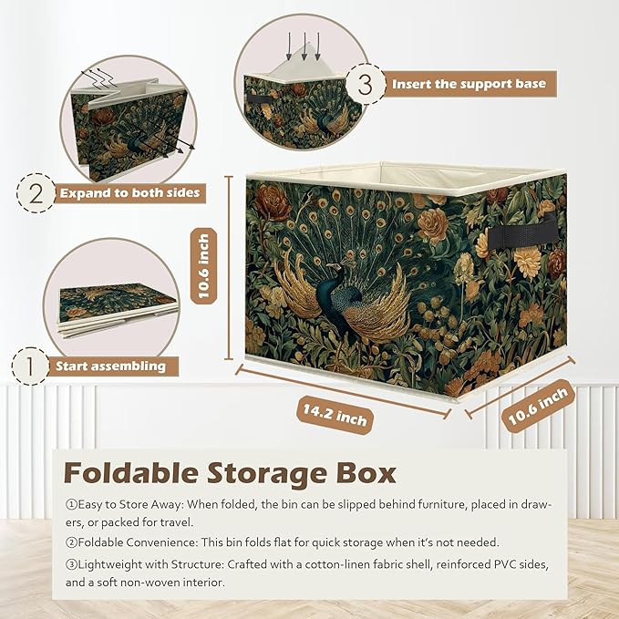 Peacock Floral Storage Box Bins, Vintage Cottagecore Wildflower Peacock Collapsible Storage Basket Organizer for Bedroom Laun