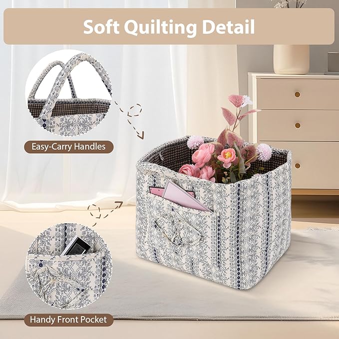 Storage Basket Boho Fabric Large Collapsible Floral Laundry Nursery Hamper Portable Folding Storage for Clothes Toys (Vine-Bl