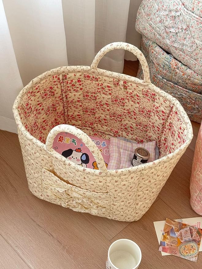 Storage Basket Boho Fabric Large Collapsible Floral Laundry Nursery Hamper Portable Folding Storage for Clothes Toys (Yellow 