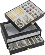 AKOZLIN Jewelry Box with Clear Lid Functional Leather Jewelry Storage Organizer Case 2 Drawers for Women Girls Necklace Ring 