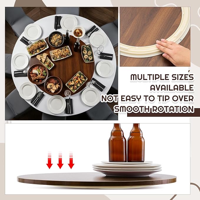 24" Black Walnut Wood Lazy Susan for Table Top, Large Turntable Rotating Serving Tray for Counter Top Solid Wooden Round Lazy