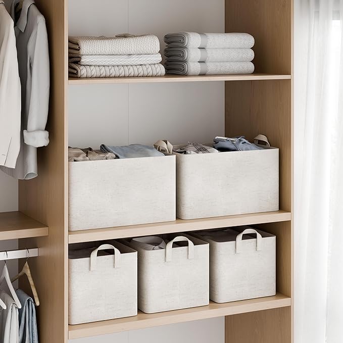 StorageWorks Storage Bins, Shelves Baskets for Organizing, Large Fabric Closet Organizers with Handles, Metal Frame, Beige-Co