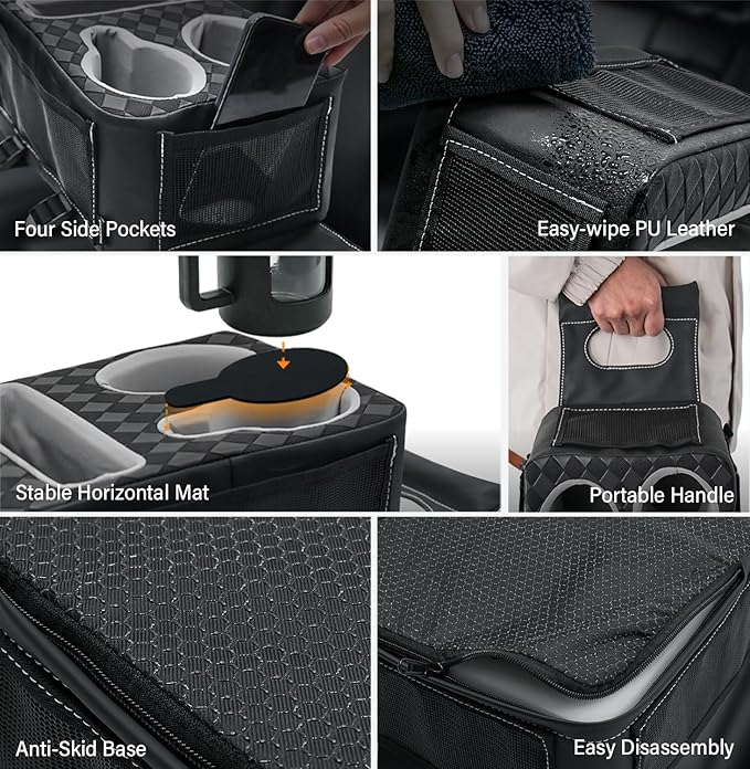 Center Console Cup Holder, Universal Car Armrest Storage Box with Bottle Holder & Tissue Slot & Side Pockets, Car Back Seat T