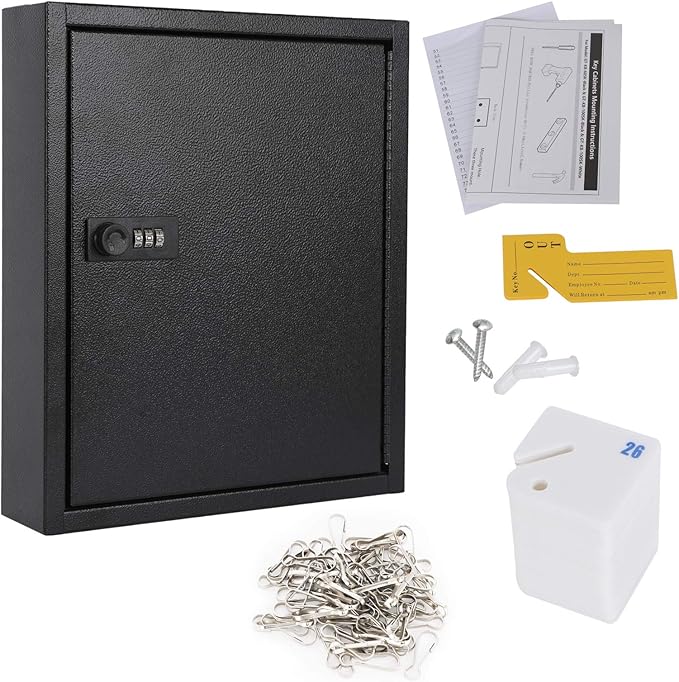 KYODOLED Locking Key Cabinet, 60 Key Storage Lock Box with Code, Key Box Wall Mount with Combination Lock, Key Hooks & Tags K