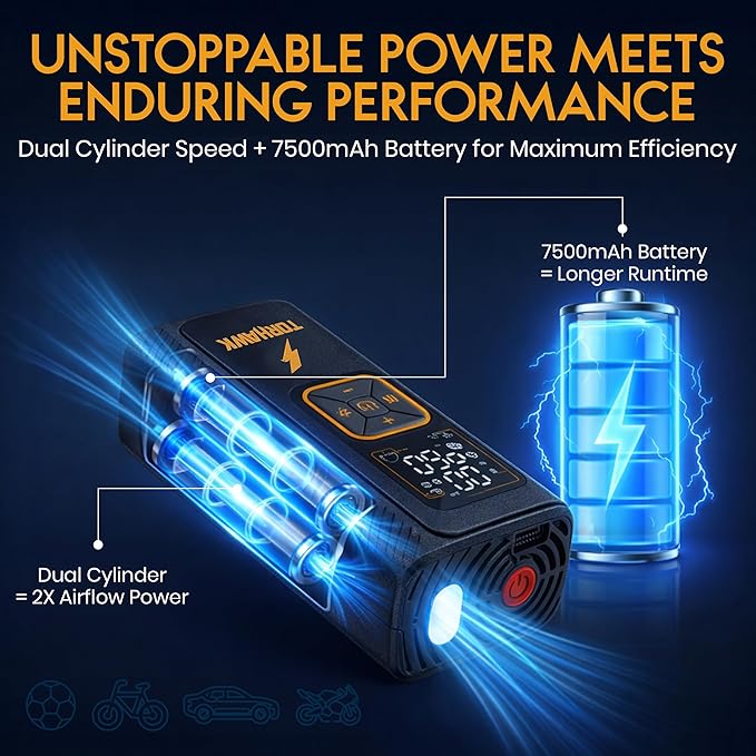 Dual Cylinder Tire Inflator Portable Air Compressor – Dual Power 160 PSI Cordless Air Pump for Car, Truck, SUV, Bike, Balls – 7500mAh Battery, Digital Gauge, LED Light & Auto Shut-Off