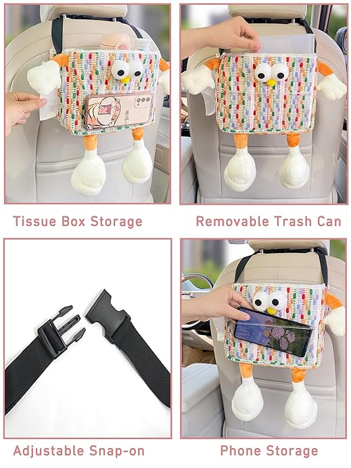 Car Trash Bag Hanging Cute 2 in 1 Can with Tissue Holder Box Seat Back over the Seat Organizer Plush Cartoon Animal Storage Garbage,Pink