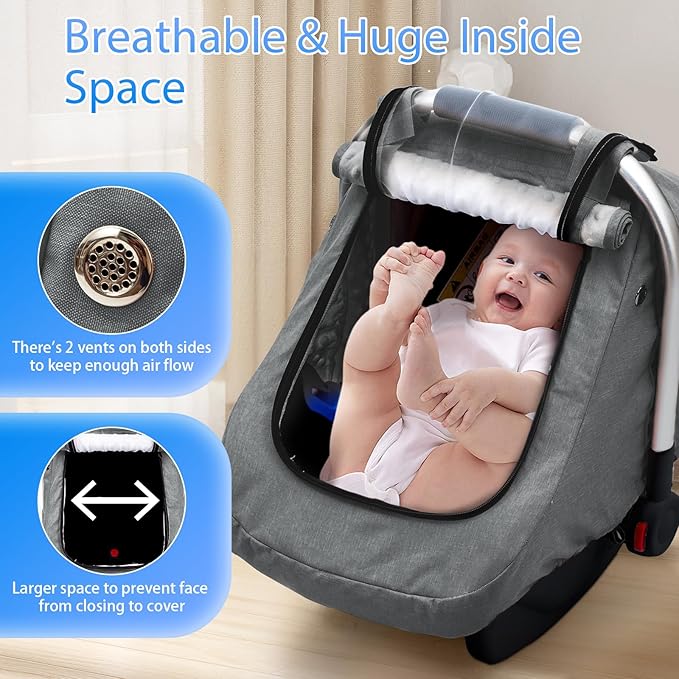 Carseat Covers Baby Boy, Waterproof Baby Car Seat Cover with 2 Layers Mesh & Sun Shade Window, Outdoor Infant Car Seat Canopy