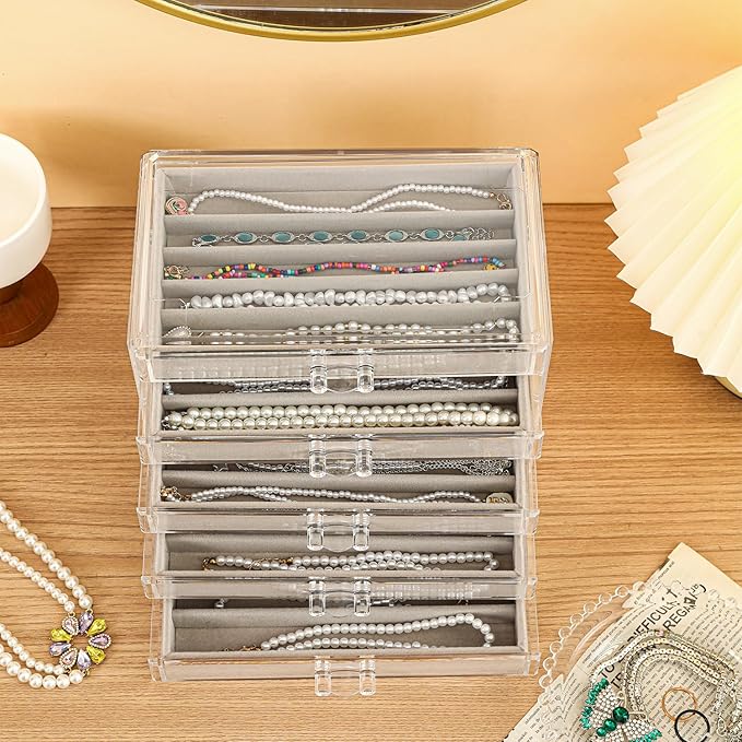 5 Drawerss Necklace Organizer Box, Tray with Clear Lid, Dustproof Velvet Necklaces Holder Storage Display Case, Gery Necklace